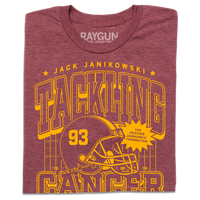 A folded heather burgundy t-shirt with gold ink laid out like a vintage sports jersey. Text reads "Jack Janikowski. Tacking cancer. The Heather Janikowski Foundation. Defensive End. Ames, Iowa."