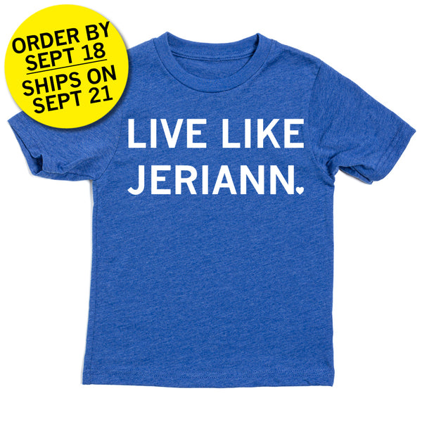 Youth size heather royal blue t-shirt with center white ink text that says, 