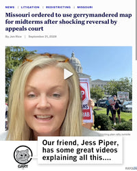 Promo image with headline "Missouri ordered to use gerrymandered map for midterms after shocking reversal by appeals court" with Gary the Cat adding below "Our friend, Jess Piper, has some great videos explaining all this...."