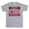 A heather grey tee with cardinal ink that reads "Jimmy F*cking Rogers"