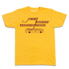 Heather gold t-shirt with cardinal ink that reads "Jimmy Rodger's Neighborhood" over an illustration of a bus with "Ames" printed on the side.