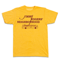 Heather gold t-shirt with cardinal ink that reads "Jimmy Rodger's Neighborhood" over an illustration of a bus with "Ames" printed on the side.