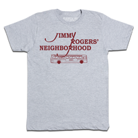 Heather grey t-shirt with cardinal red ink that reads "Jimmy Rodger's Neighborhood" over an illustration of a bus with "Ames" printed on the side.