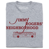 A folded heather grey shirt with cardinal ink that reads "Jimmy Rodger's Neighborhood" over an illustration of a bus with "Ames" printed on the side.
