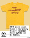 Heather grey t-shirt featuring the text JIMMY ROGERS NEIGHBORHOOD above an illustration of a bus labeled AMES, with a speech bubble reading, With a new coach, Ames is now Jimmy Rogers Neighborhood. CyRide can be Trolley. Designed and printed in the USA.