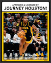 An Iowa Hawkeyes basketball player dribbles on the court, framed by a border labeled Approved & Licensed by Journey Houston! and Davenport, IA, on a charcoal T-shirt.