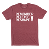Maroon union made short-sleeved t-shirt with white text that reads REMEMBER RELEASE RESHAPE, featuring a double j logo and IOWA JUNETEENTH OBSERVANCE text.