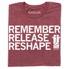 Maroon union-made t-shirt featuring the text REMEMBER RELEASE RESHAPE and an Iowa Juneteenth logo.