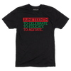 Union-made black T-shirt featuring JUNETEENTH TO CELEBRATE TO EDUCATE TO AGITATE in red and green lettering.