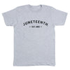 Light gray RAYGUN T-shirt featuring the text JUNETEENTH. EST. 1865 printed in black on the chest.