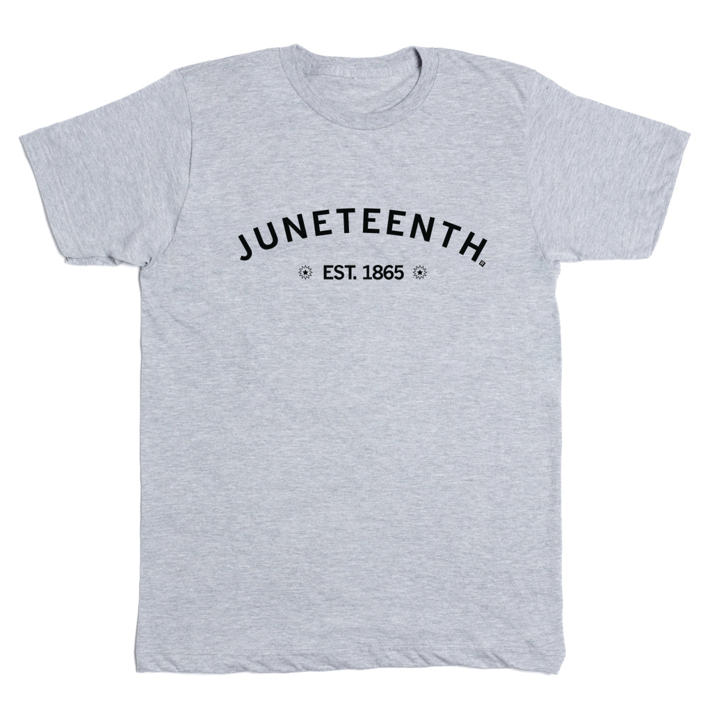 Light gray RAYGUN T-shirt featuring the text JUNETEENTH. EST. 1865 printed in black on the chest.