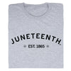 Folded grey RAYGUN crew-neck t-shirt with JUNETEENTH printed in a black arch above EST. 1865, flanked by starburst icons.