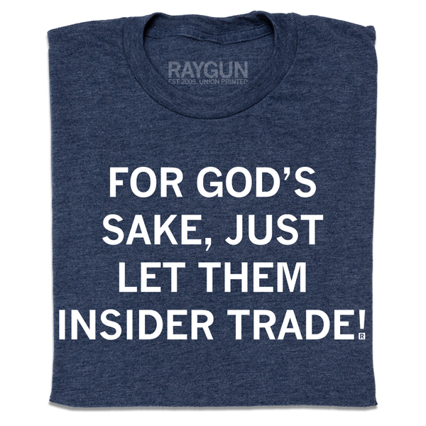 A folded heather navy t-shirt with centered white ink text that says, 