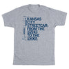 Heather gray union-made t-shirt featuring a blue graphic of the Kansas City Streetcar route map with text reading: Kansas City Streetcar: From the River to the Roos.