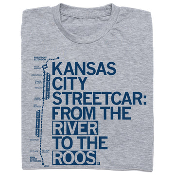 Heather grey t-shirt featuring a blue graphic of the Kansas City streetcar route with text reading Kansas City Streetcar: From the River to the Roos.