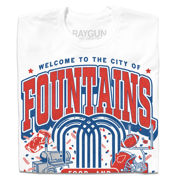 White shirt with red & blue ink that says, 