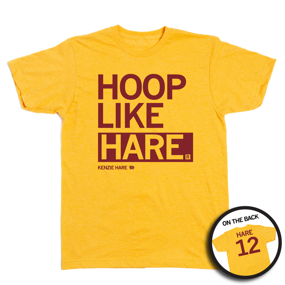 A heather mellow yellow t-shirt with cardinal ink that reads "Hoop like Hare. Kenzie Hare 12" on the front and "Hare 12" on the back.