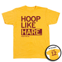 A heather mellow yellow t-shirt with cardinal ink that reads "Hoop like Hare. Kenzie Hare 12" on the front and "Hare 12" on the back.