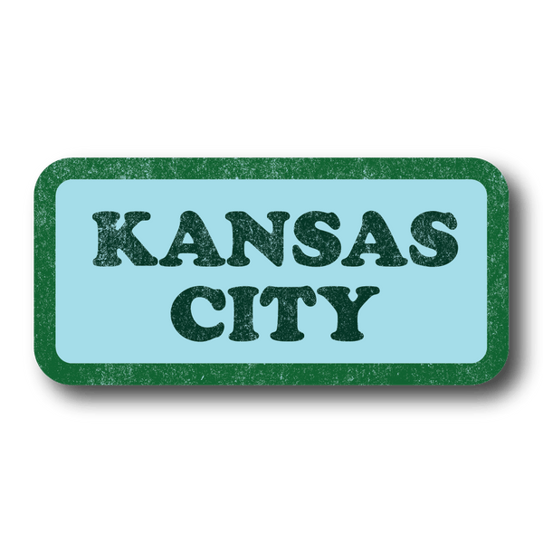 Pastel blue rectangular sticker with green border and dark green text in a vintage, faded style that says, 