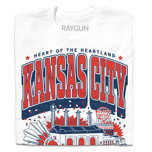White Kansas City t-shirt featuring the Western Auto building, the text Heart of the Heartland, and red and blue accents.