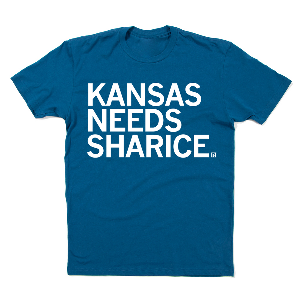 Cool blue shirt with left-aligned white ink text that reads "Kansas Needs Sharice."