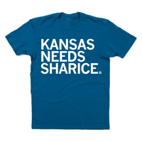 Cool blue shirt with left-aligned white ink text that reads "Kansas Needs Sharice."