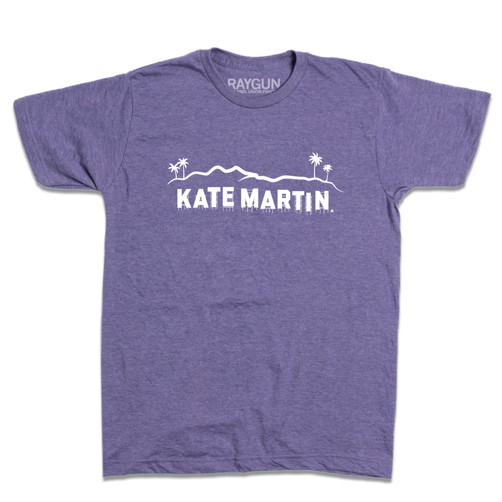 Short sleeve heather purple t-shirt with white screen print depicting the Hollywood sign as saying, "Kate Martin."