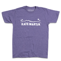 Short sleeve heather purple t-shirt with white screen print depicting the Hollywood sign as saying, "Kate Martin."