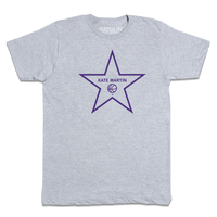 A heather grey t-shirt with purple ink depicting a Hollywood start that says, "Kate Martin" above a basketball.