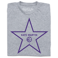 A folded heather grey t-shirt with purple ink depicting a Hollywood start that says, "Kate Martin" above a basketball.