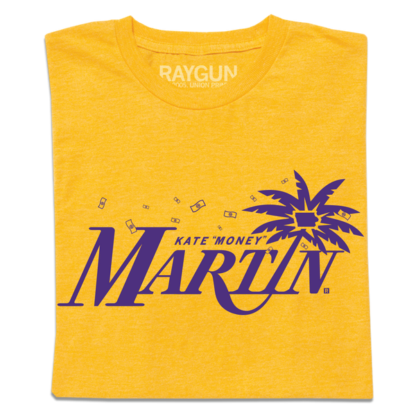 A folded heather yellow t-shirt with purple ink that reads 