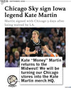 Promo image with a headline that reads "Chicago Sky sign Iowa legend Kate Martin" with Pocket the Opossum commenting below "Kate "Money" Martin returns to the Midwest! We will be turning our Chicago stores into the Kate Martin merch HQ."