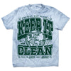 Light blue acid-wash collegiate t-shirt with a graphic that reads Protect Our Planet, Keep It Clean, This is Earth, Not Uranus surrounding a line-art globe.