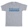 Heather grey crewneck t-shirt with royal blue text that reads Kirkwood AND SO SHOULD YOU!.