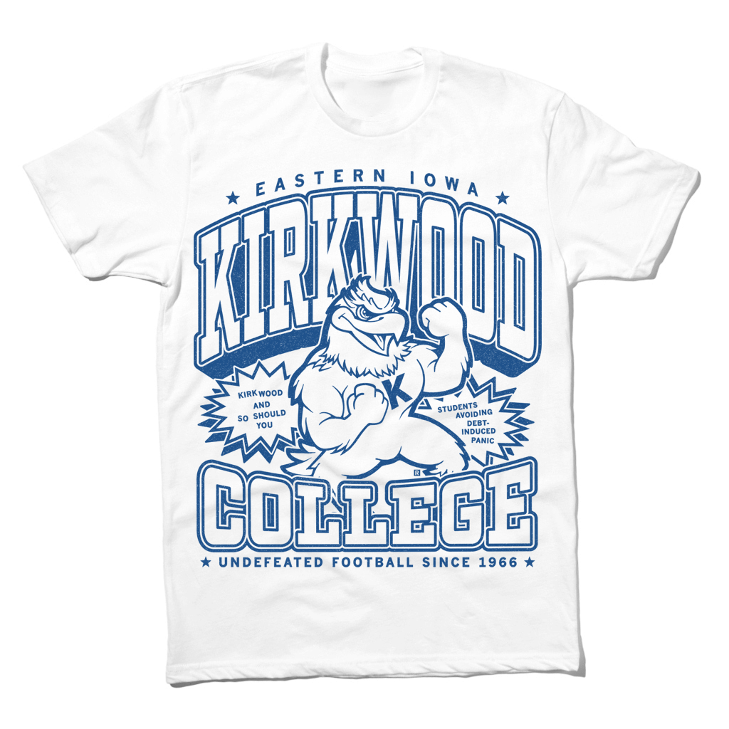 White RAYGUN t-shirt featuring a blue Kirkwood College eagle mascot, text reading Kirkwood College, Eastern Iowa, Undefeated football since 1966, and slogans about avoiding debt.