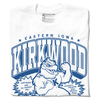 White RAYGUN t-shirt with a blue graphic featuring the text Eastern Iowa Kirkwood above a flexing eagle mascot and the words Kirkwood and so should you and Students avoiding debt-induced panic.