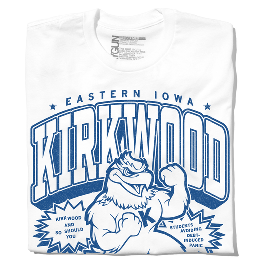 White RAYGUN t-shirt with a blue graphic featuring the text Eastern Iowa Kirkwood above a flexing eagle mascot and the words Kirkwood and so should you and Students avoiding debt-induced panic.