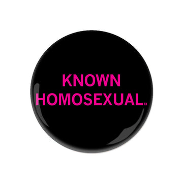 Black circular RAYGUN pin with the text KNOWN HOMOSEXUAL in pink capital letters.