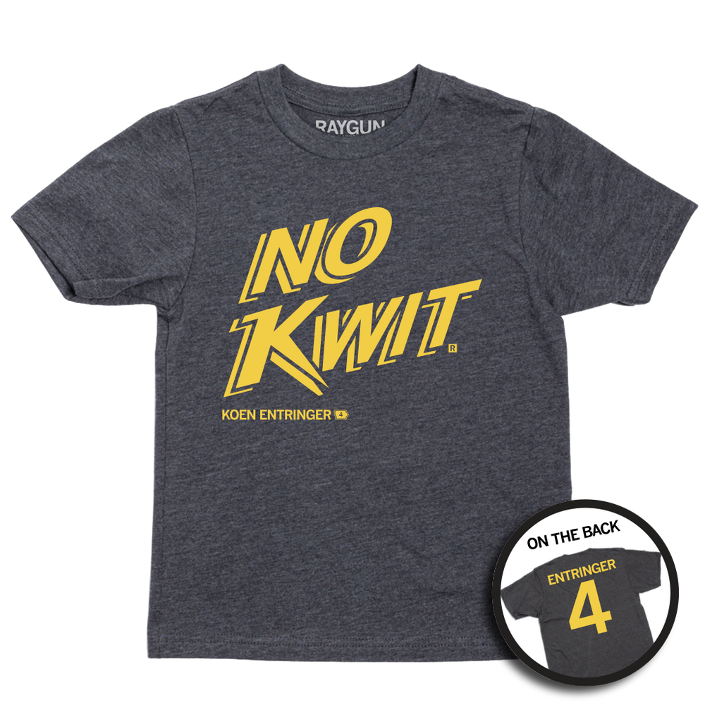 Charcoal youth t-shirt with "No Kwit. Koen Entringer" printed on the print and "Entringer" over the number 4 printed on the back. All in gold ink.