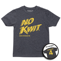Charcoal youth t-shirt with "No Kwit. Koen Entringer" printed on the print and "Entringer" over the number 4 printed on the back. All in gold ink.