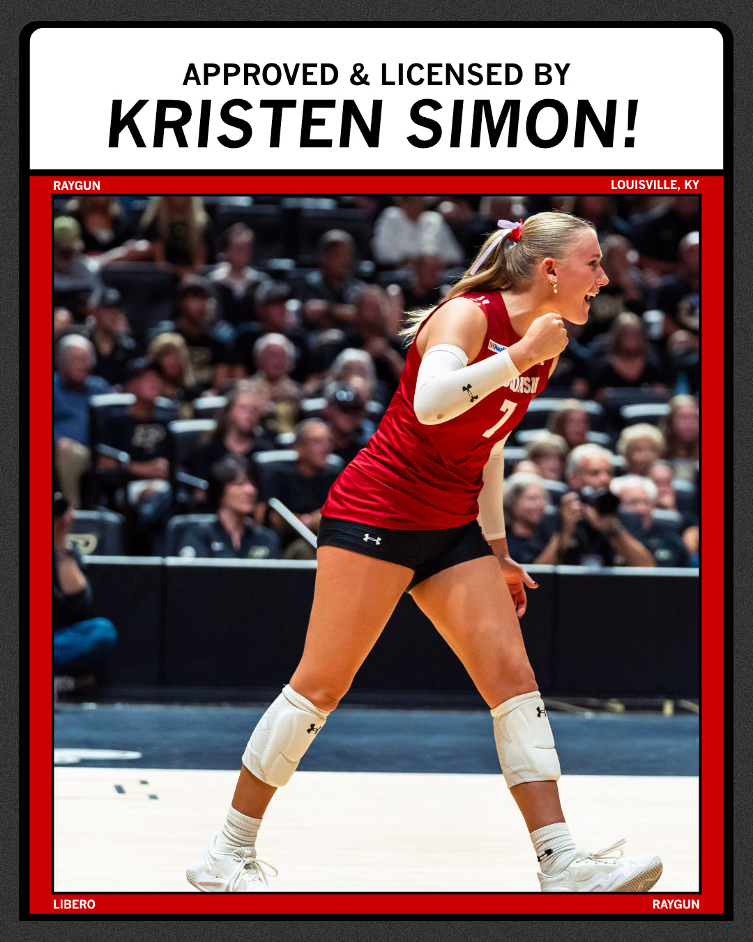 Image reading "Approved & Licensed By Kristen Simon!" above an image of the player celebrating on a volleyball court. 