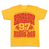 Heather Mellow Yellow t-shirt with red graphic text reading Kyle Konrardy, Konrardy, 97, and Kicks Ass, featuring football helmet icons and the text Dubuque, IA and Placekicker.