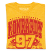 Heather Mellow Yellow t-shirt featuring a red graphic with the name Kyle Konrardy, the surname in large letters, and the number 97 above an illustration of a football field.