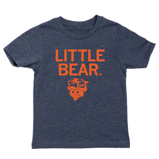 Dark heather gray short-sleeve Little Bear t-shirt with orange text reading LITTLE BEAR above an icon of a cat wearing a bear-shaped hat.