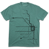 Heavyweight light green heavyweight t-shirt with black ink depicting a detailed map of Chicago Loop train lines.