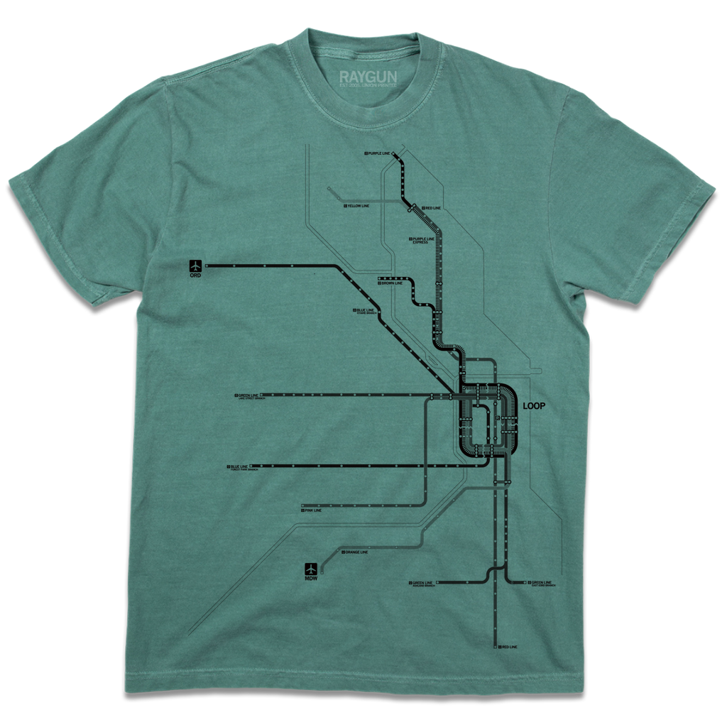 Heavyweight light green heavyweight t-shirt with black ink depicting a detailed map of Chicago Loop train lines.