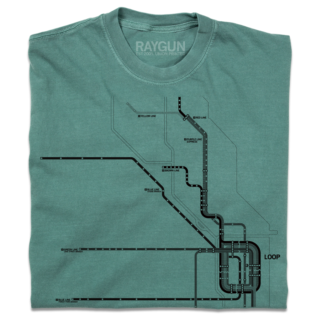 Folded light green heavyweight t-shirt with black ink depicting a detailed map of Chicago Loop train lines.