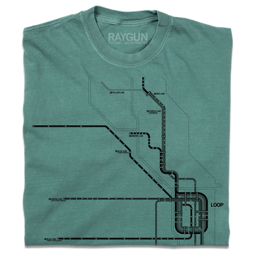 Folded light green heavyweight t-shirt with black ink depicting a detailed map of Chicago Loop train lines.