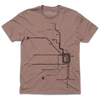 Heavyweight Comfort Colors light brown heavyweight t-shirt with dark brown ink depicting a detailed map of Chicago Loop train lines.