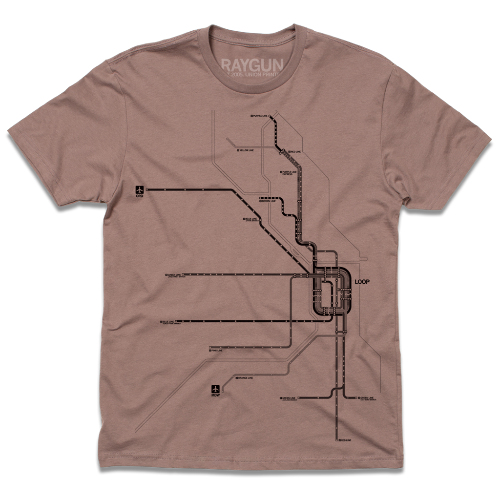 Heavyweight Comfort Colors light brown heavyweight t-shirt with dark brown ink depicting a detailed map of Chicago Loop train lines.